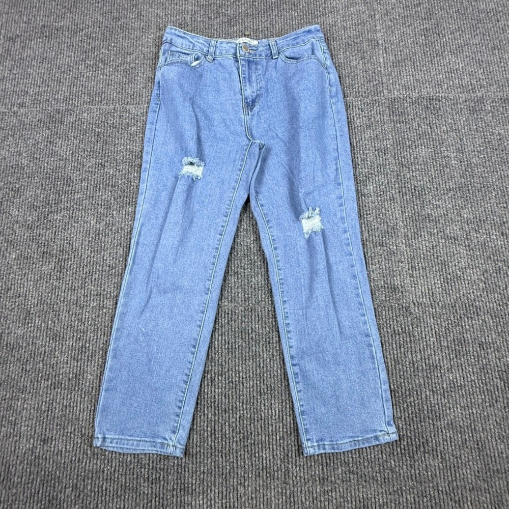 Oak & Poppy Womens Distressed Straight Leg Jeans Medium Wash Blue Size 6